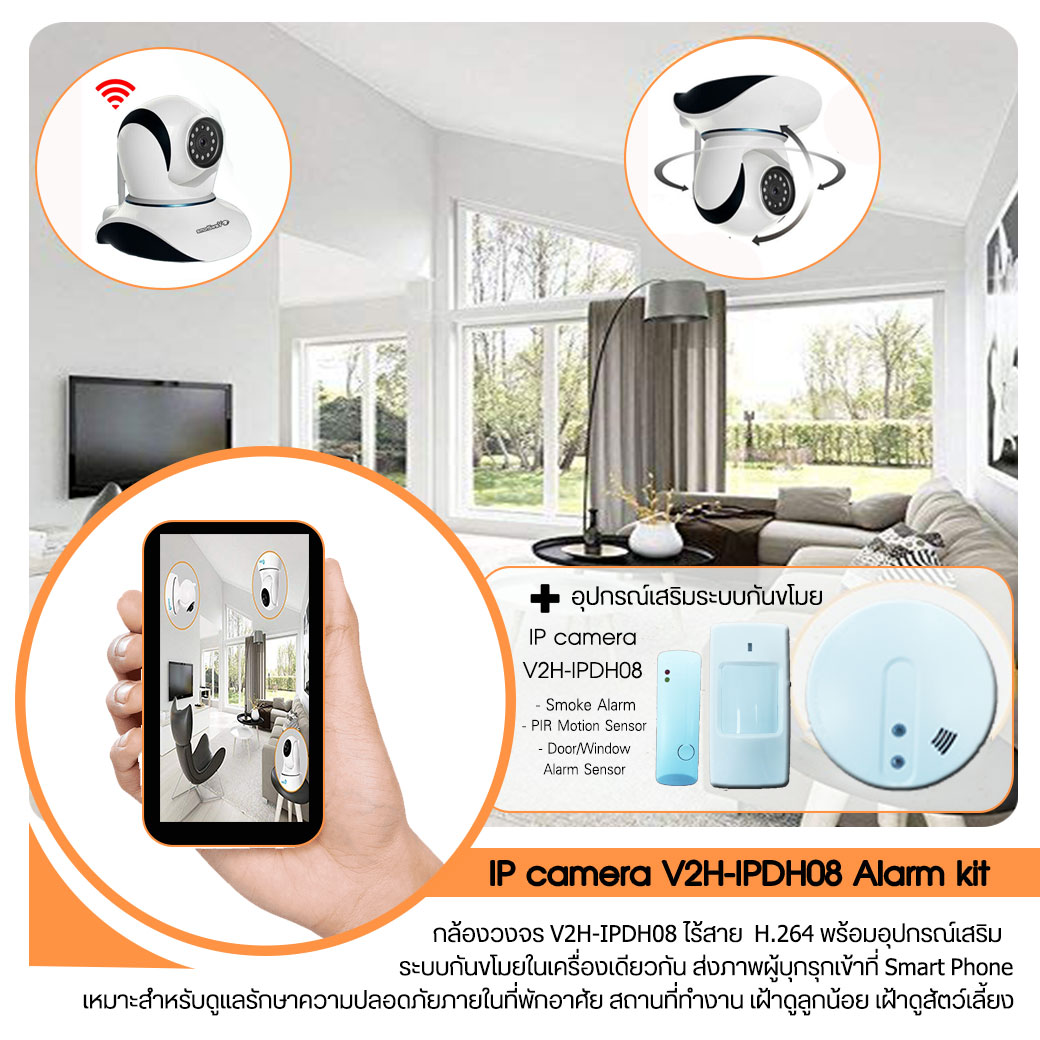 Smart Home IP camera V2H DH08 Alarm kit with PIR detector, smoke alarm and door sensor Smart Home IP camera V2H DH08 Alarm kit with PIR detector, smoke alarm and door sensor
