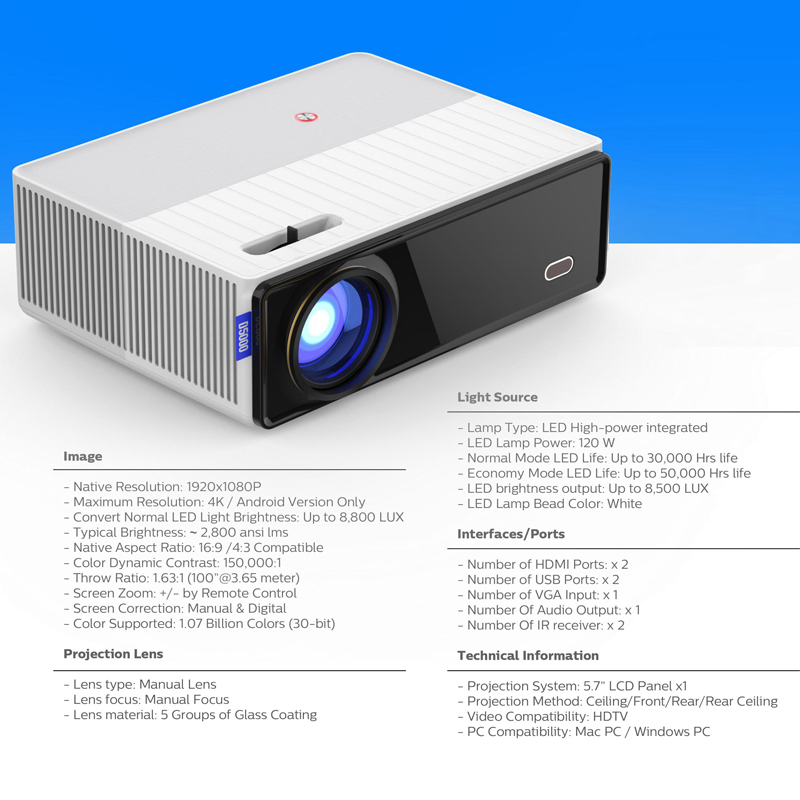 VIVIBRIGHT D5000 Full HD 1080P Projector, (2800 ANSI Lumens) SCREEN MIRRORING VERSION