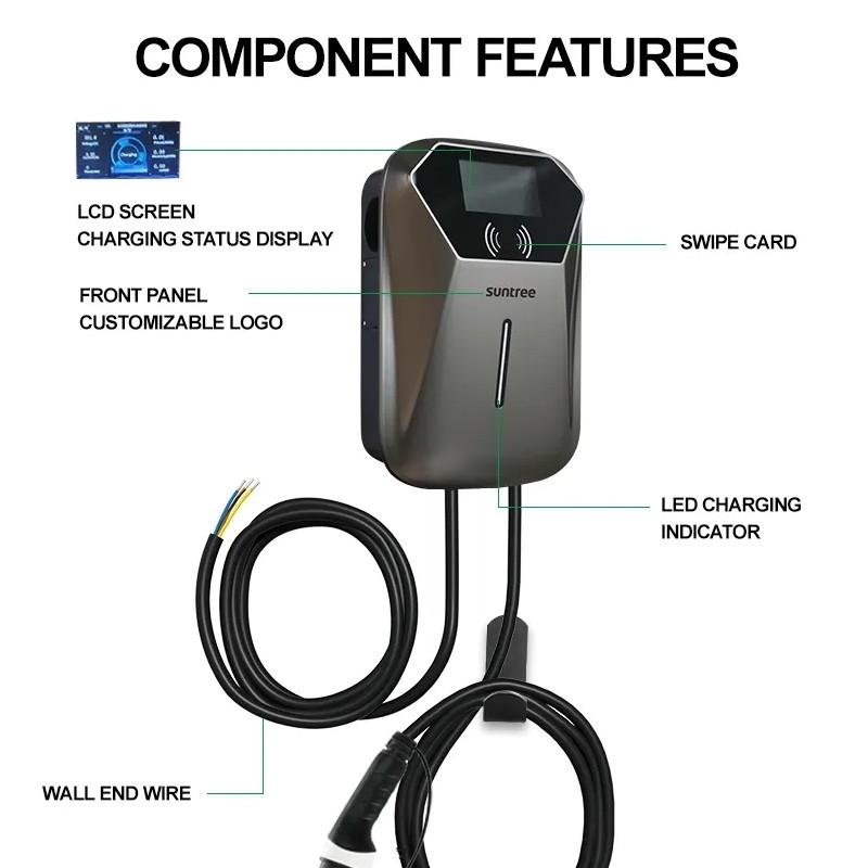 Suntree EV Charger 7KW/32A 4.3 Inch LCD Type 2 Built In Protection Swipe Card With APP Function