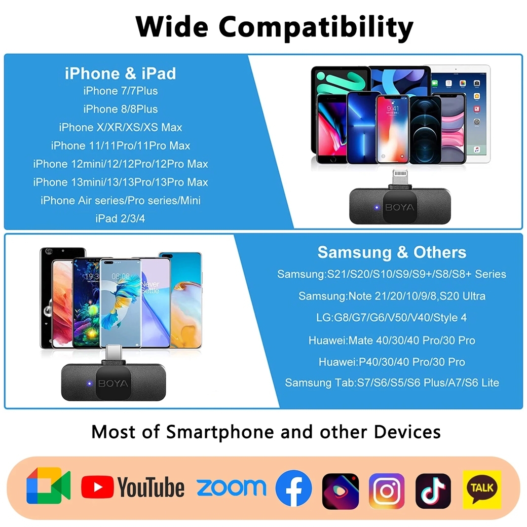 BOYA ULTRACOMPACT 2.4GHz WIRELESS MICROPHONE SYSTEM COMPATIBLE WITH IOS DEVICES FOR BY-V1